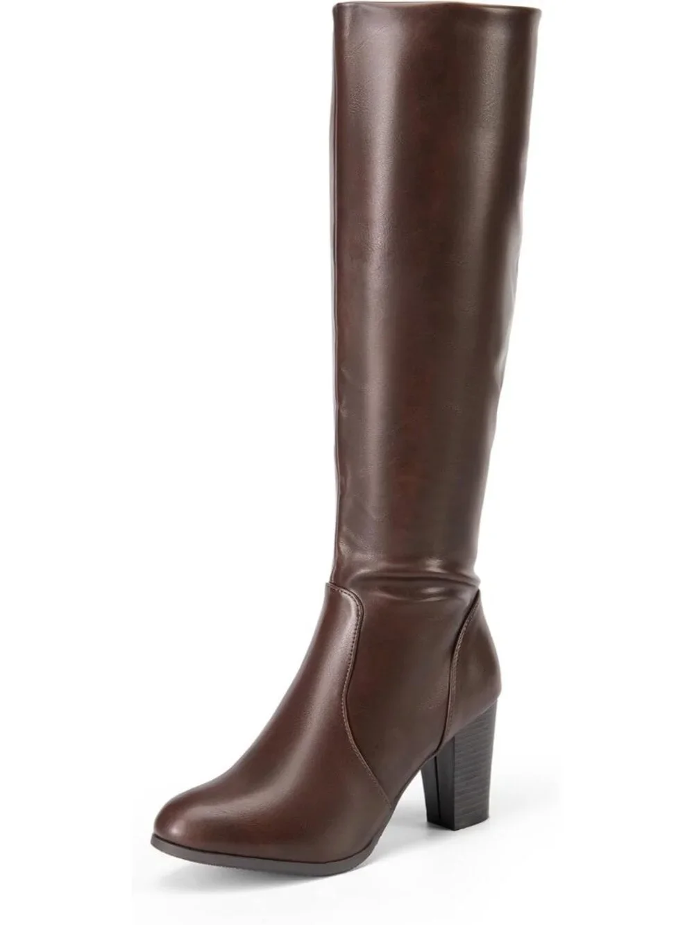 Women's Brown Pu Faux Fur Lined Square Toe Side Zipper Knee High Riding Boots